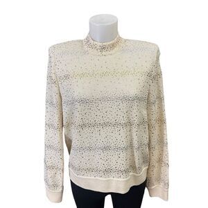 St. John Evening Embellished Gold Silver‎ Cream Mock Neck Sweater Size M Vintage